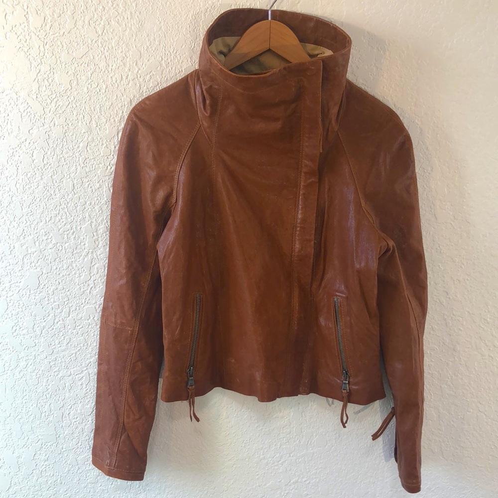June Leather Moto Cognac Asymmetrical cowl neck Jacket